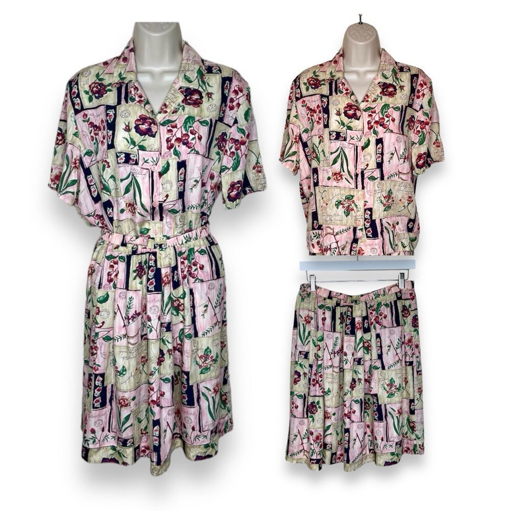 Vintage Pendleton Short Sleeve Camp Shirt Elastic Skirt Set Floral Rayon Women 6